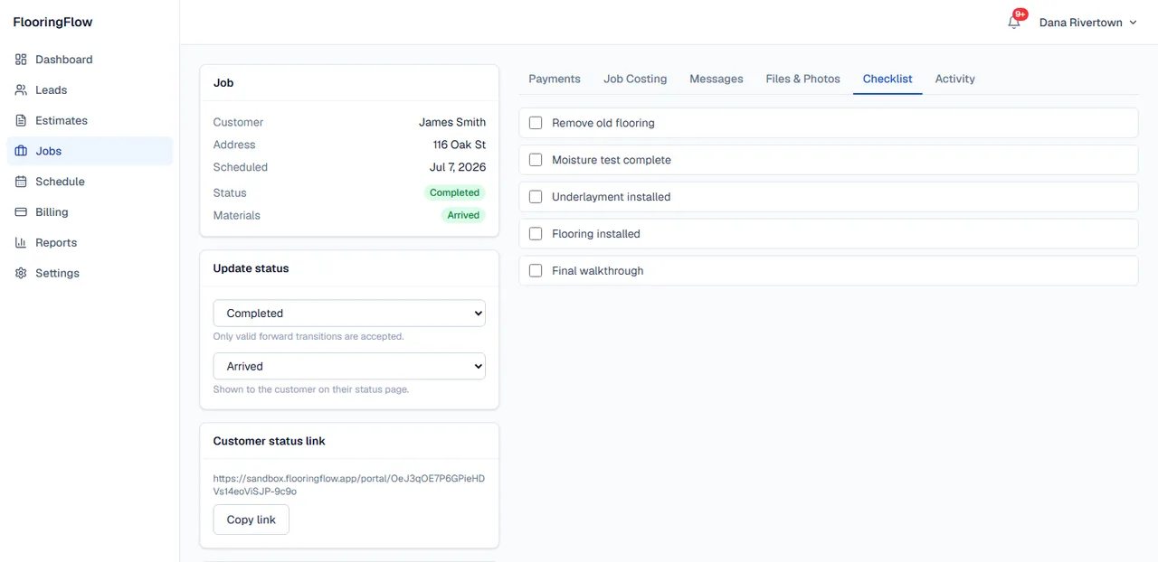 An installation checklist completed from the field through the Installer app.