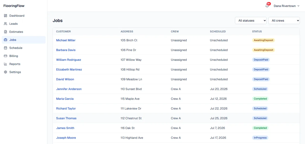 FlooringFlow's job list, showing status from deposit through completion.