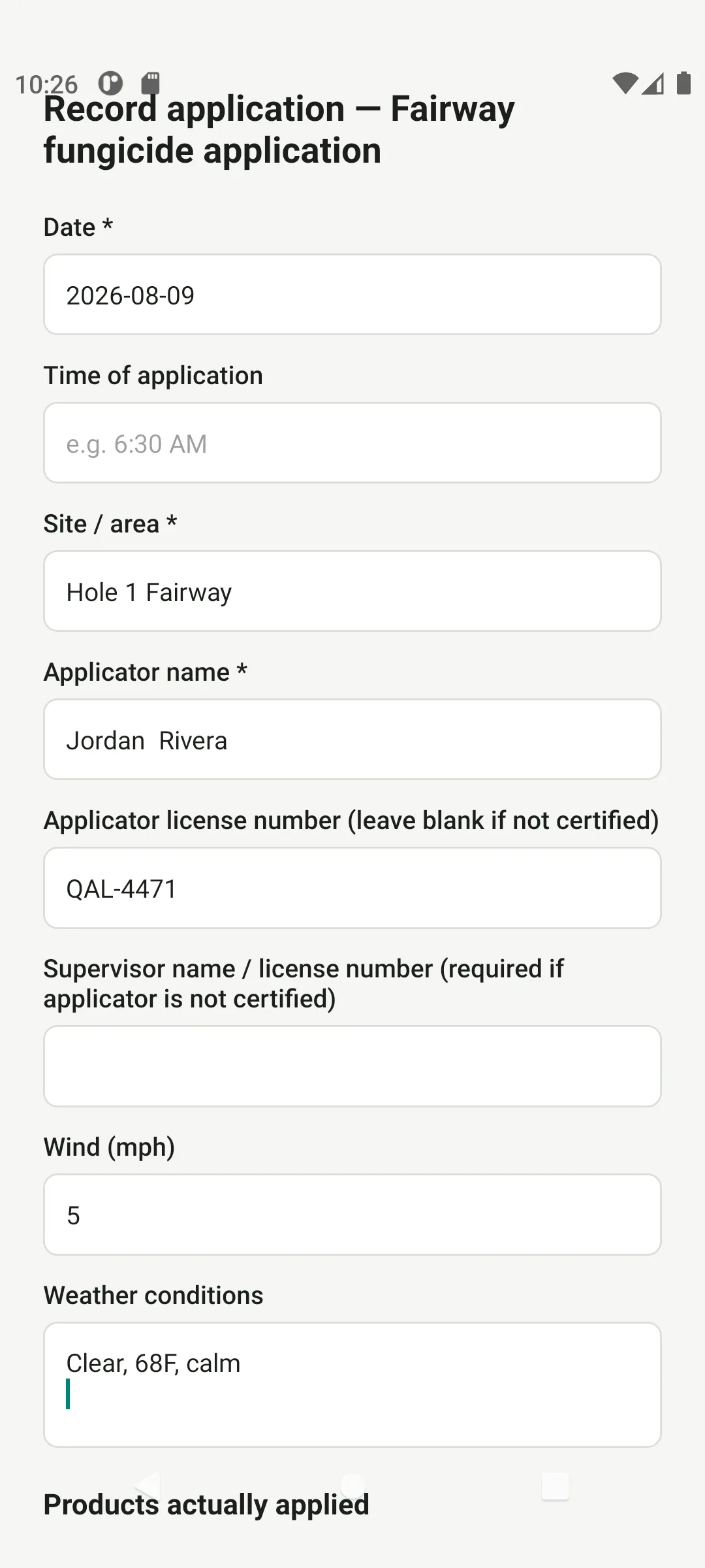 Sprayvo mobile app field-capture form.