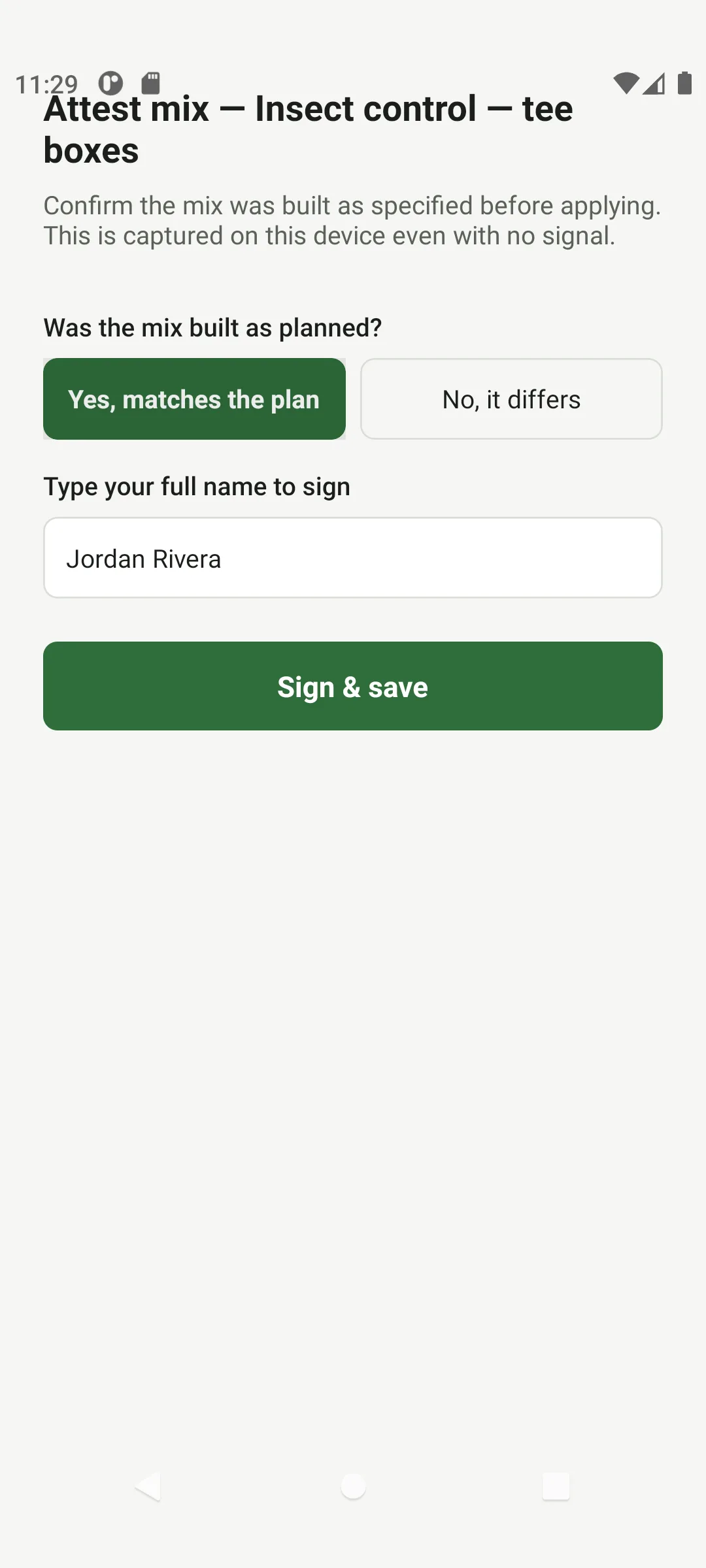 Sprayvo mobile app mix attestation screen.